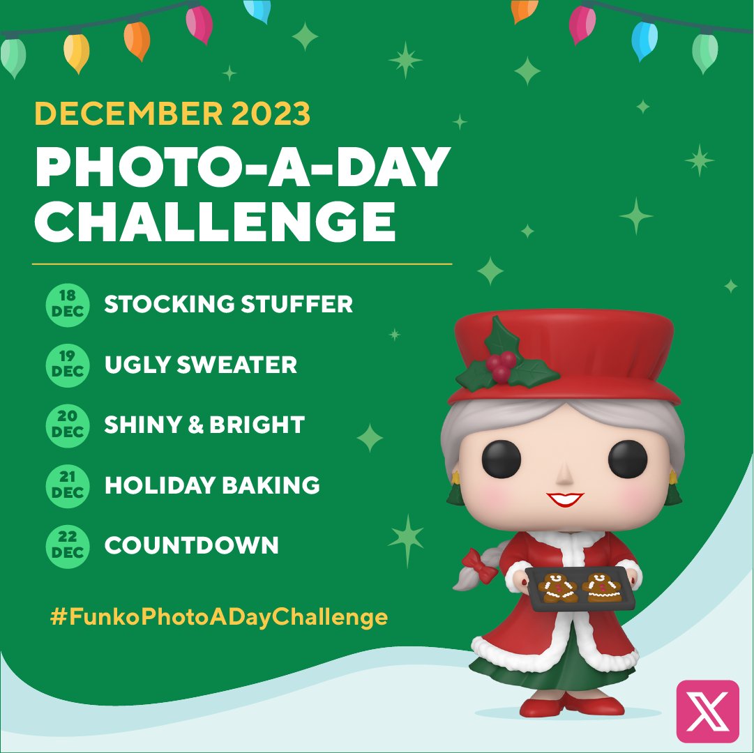 OriginalFunko's tweet photo. We've heard snow many questions about a Photo-a-Day Challenge. So we say, let it snow! Our challenge runs Dec. 11-15 on Instagram & Dec.18-22 on Twitter/X. Follow & tag @OriginalFunko with #FunkoPhotoADayChallenge. Winners, announced the next day, get a free Pop! Yourself. #WinterFunkoLand #Funko #FunkoPOP