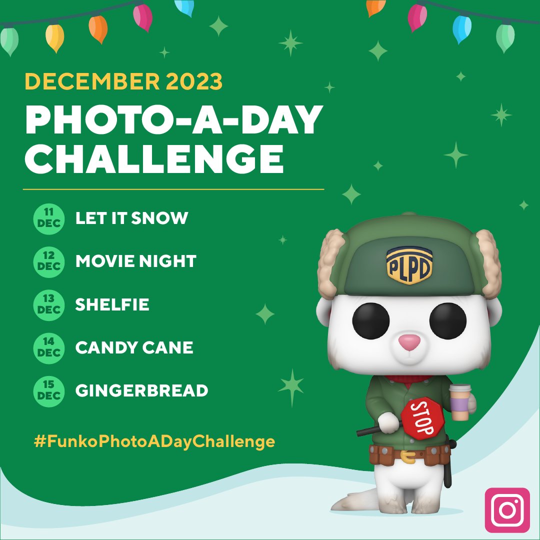 OriginalFunko's tweet photo. We've heard snow many questions about a Photo-a-Day Challenge. So we say, let it snow! Our challenge runs Dec. 11-15 on Instagram & Dec.18-22 on Twitter/X. Follow & tag @OriginalFunko with #FunkoPhotoADayChallenge. Winners, announced the next day, get a free Pop! Yourself. #WinterFunkoLand #Funko #FunkoPOP