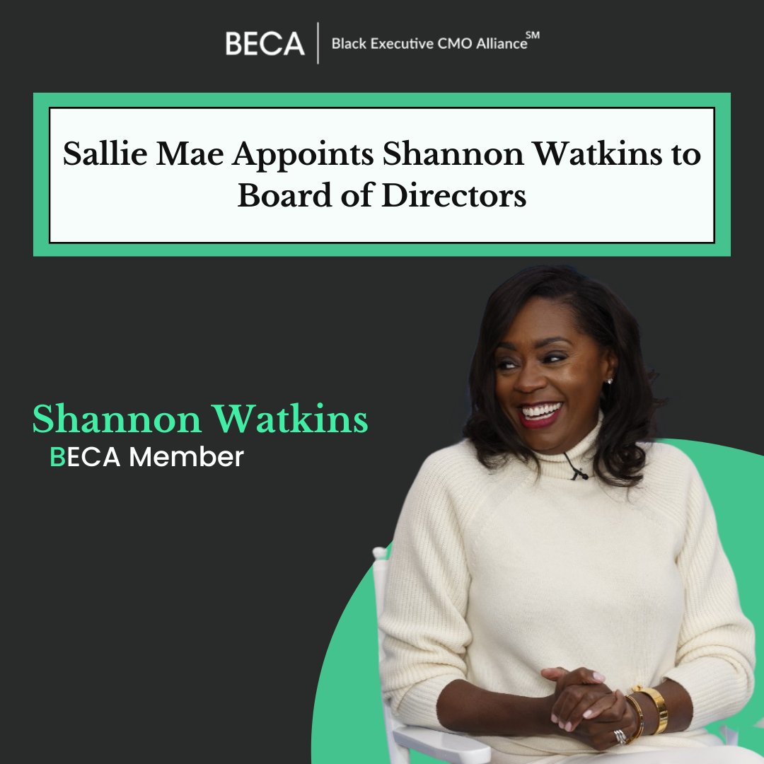 TheOfficialBECA's tweet photo. Congratulations to BECA Member Shannon Watkins on her appointment to Sallie Mae’s Board of Directors!
Your BECA family celebrates you!
#BlackExecutiveCMOAlliance #ShannonWatkins #SallieMae #BECAMember https://t.co/O3dGeoaLTz