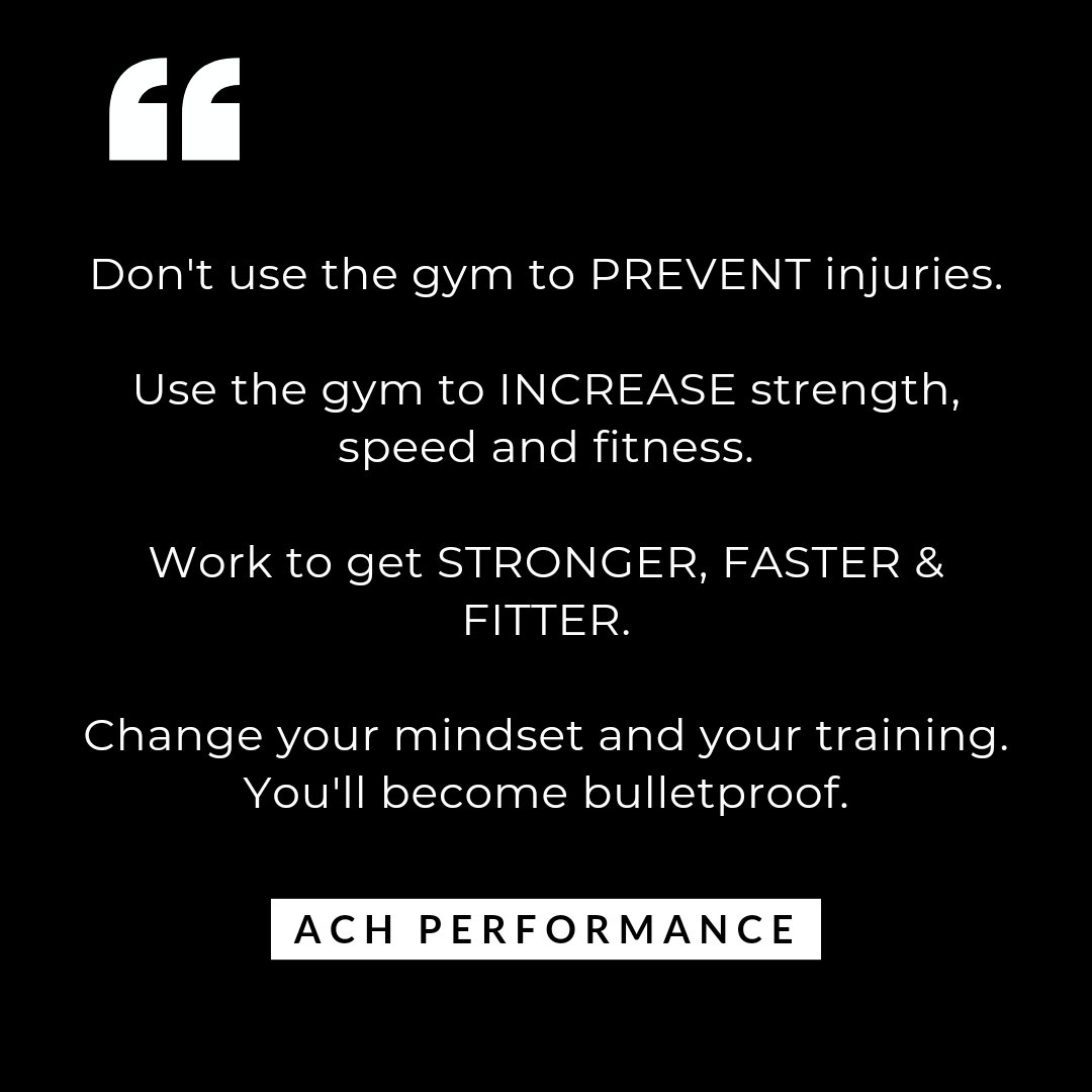 ACHperformance's tweet photo. "I am training so I don't get injured".
Should become, "I am training to dominate the pitch".

You'll lift heavier, sprint faster and jump higher because you are training to GET BETTER.

Not to merely avoid injury.

Guess what though.... STRONGER athletes are harder to kill! https://t.co/5qiSLdVdpt