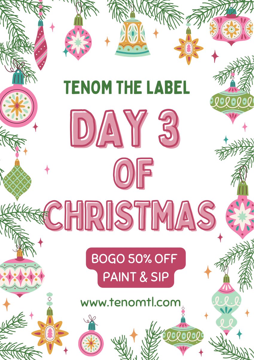On the third day of Christmas, TENOM gave to me 🎶

BUY ONE GET ONE 50% OFF PAINT &amp; SIP

🎄 To Purchase visit tenomtl.com

🎄Promotion valid all day 12/8. Coupon automatically at discount. 

🎄 Regular price is $130 each. 2 tickets for $195.