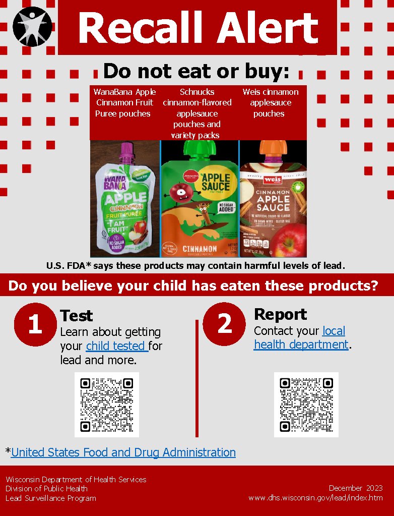 UWEX_Douglas's tweet photo. The Wisconsin Department of Health Services (DHS) is advising consumers to continue to be aware that specific brands of applesauce containing cinnamon have been recalled by the U.S. Food and Drug Administration (FDA).
https://t.co/F55Xip1VKJ https://t.co/ege7HemIEJ