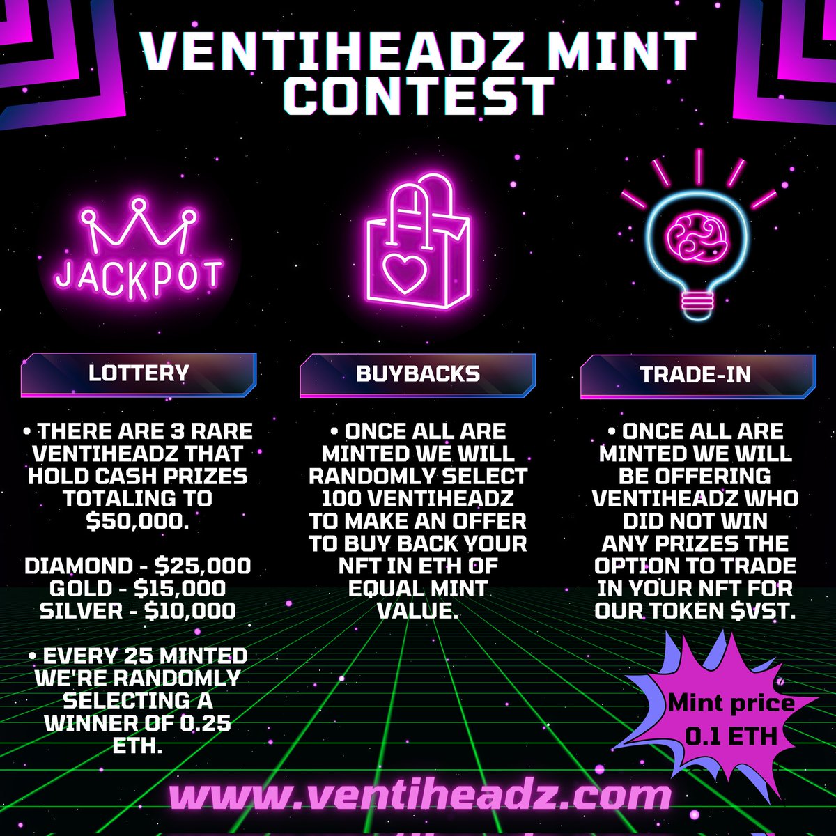 BL4Z3D247's tweet photo. Have a 25-1 chance to win .25 ETH every 25 #VentiHeadz minted.

There are still 194 chances to make a 2.5x on your investment! Not to mention the 3 kickass rare @ventiheadz that offer $50,000 in total prizes.

🏁 Doxxed Co-founder
🏁 Staking(live) and gaming utility(in development)
🏁 Buybacks/trade-in options available(after mint out)

For more info visit https://t.co/uBHhRr0Nvc

#VentiHeadzTour #Bitcoin #ETH #XRP