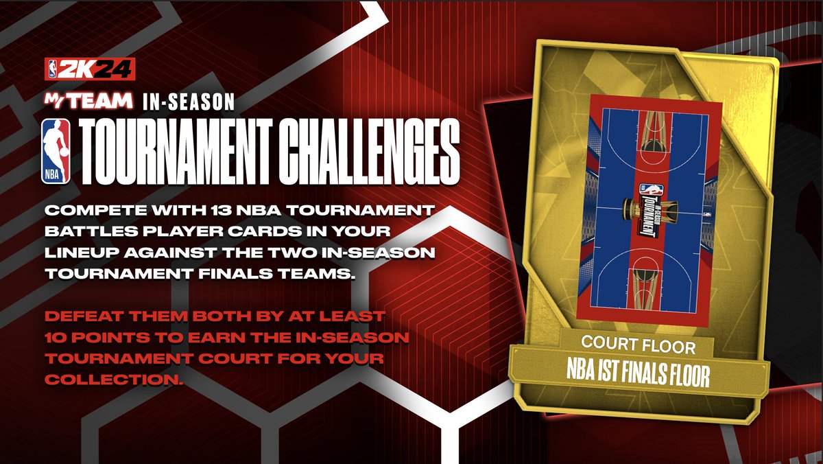 Add the NBA In-Season Tournament court to your collection 👀  

Defeat the two In-Season Tournament finalist teams by 10+ points with NBA Tournament Battles player cards in your lineup to receive the court!