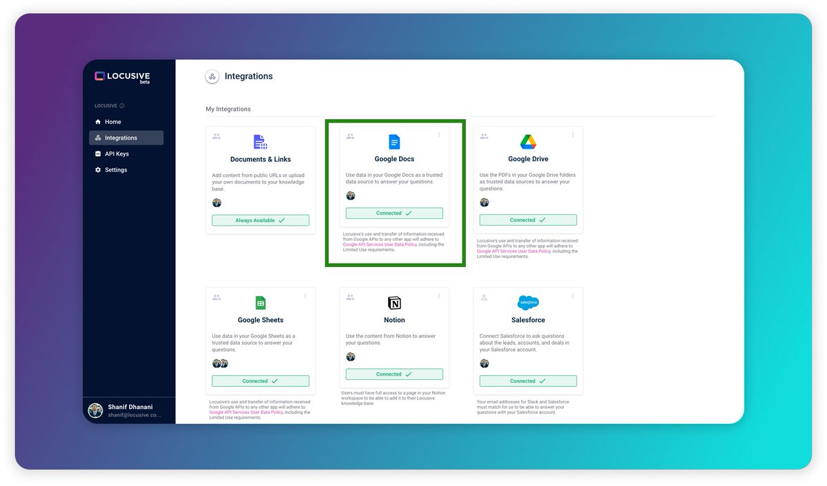 shanif's tweet photo. Happy to announce that we've rolled out a new integration for Google Docs. Now you can take the contents of any of your (or your team's) docs and use them as part of your knowledge base on Locusive.

I tested this out on our own MoU template for the customer development partners that we're signing up to build the Locusive Concierge.

Speaking of which, if you're interested in working with us to get early access + a discount to an AI-enabled in-app assistant, let's chat. If not, feel free to enjoy our continuously expanding chatbot + API products totally for free.