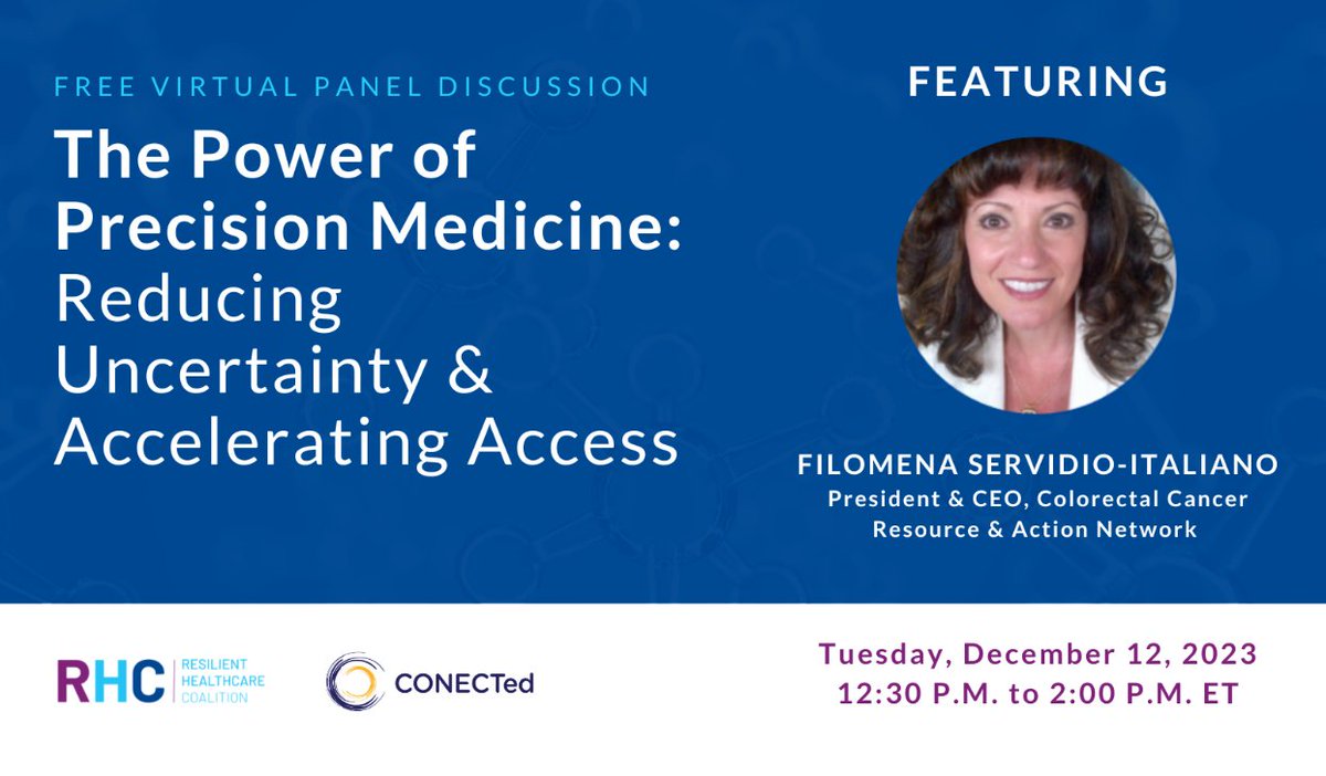 Join Filomena Servidio-Italiano, President & CEO of @CCRAN, tomorrow on December 12th as she joins our panel to discuss how we can work together to capture the promise of #PrecisionMedicine. ✍️Register now: bit.ly/3MXTXKR