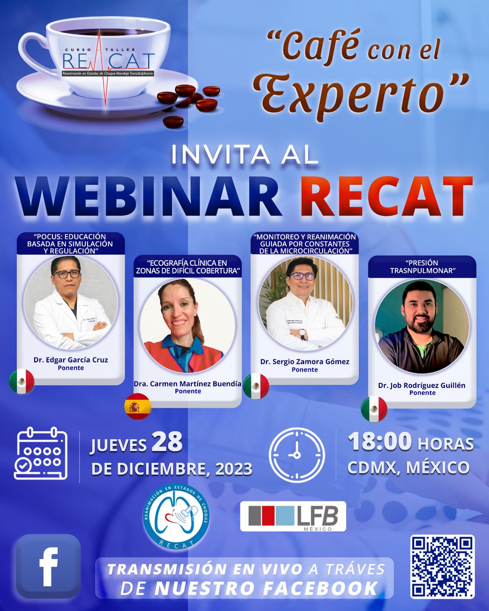 📚✨️👨‍⚕️👩‍⚕️
Webinar RECAT Café ☕con el experto presenta: 
Simposio en Áreas Críticas .
📍Lugar: FACEBOOK LIVE. 🖥️💻📱
🏷️Gratuito. 
📅 29 de Diciembre  2023. (Jueves).
⏰️ 18:00 Hora CDMX🇲🇽
TE ESPERAMOS ‼️‼️
<a href="/Garedg23/">Edgar GC</a>
<a href="/cmbuendia/">Carmen M Buendia</a>
<a href="/job_rdz/">Job 🇲🇽</a>
<a href="/ezg_galeno/">Sergio Zamora</a>
Link👇facebook.com/profile.php?id…