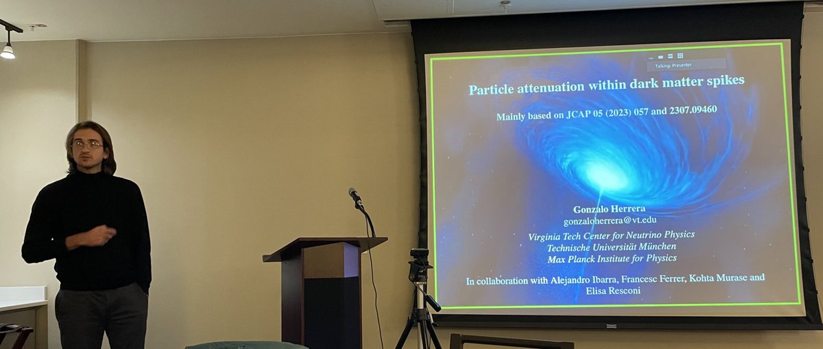 Center4NuPhys's tweet photo. New CNP postdoc Gonzalo Herrera talks on particle attenuation with dark matter spikes. #CNPResearchDay @VTPhysics https://t.co/Vvc5XZaaxx
