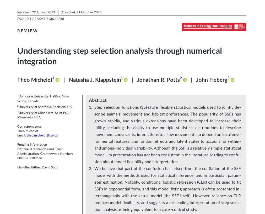 Our step selection analysis review now in MEE!

We describe choices of "control" points through the lens of numerical integration, to unify them and explain why some work better.

Control points are often a numerical tool with no biological interpretation

doi.org/10.1111/2041-2…