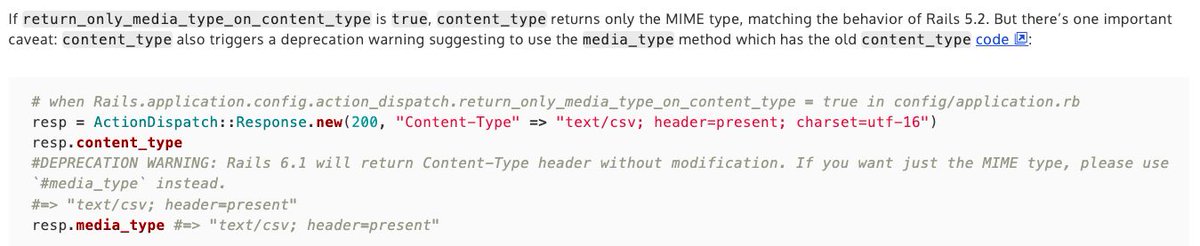 fastrubyio's tweet image. What is a MIME type? Why should I care about the Content-Type header? What changed between @Rails 5.2 and 6.1?
This article explains how the API of `ActionDispatch::Response#content_type` changed between Rails 5.2 to 6.1 -> go.fastruby.io/fr3
#Rails6 #Rails5 #DevSecOps