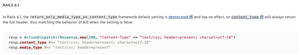 fastrubyio's tweet image. What is a MIME type? Why should I care about the Content-Type header? What changed between @Rails 5.2 and 6.1?
This article explains how the API of `ActionDispatch::Response#content_type` changed between Rails 5.2 to 6.1 -> go.fastruby.io/fr3
#Rails6 #Rails5 #DevSecOps