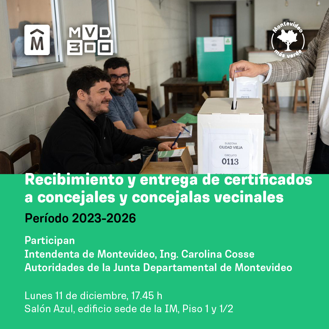 montevideoIM's tweet photo. #MontevideoAvanza en participación

Te invitamos al recibimiento y entrega de certificados a concejales y concejalas vecinales para el período 2023-2026.

🗓️11 de diciembre
⏰17:45
📍Salón Azul

Conocé los resultados los concejales y concejalas electos 📲 https://t.co/jOkdUPM4KI https://t.co/Q6mSGlXxPQ