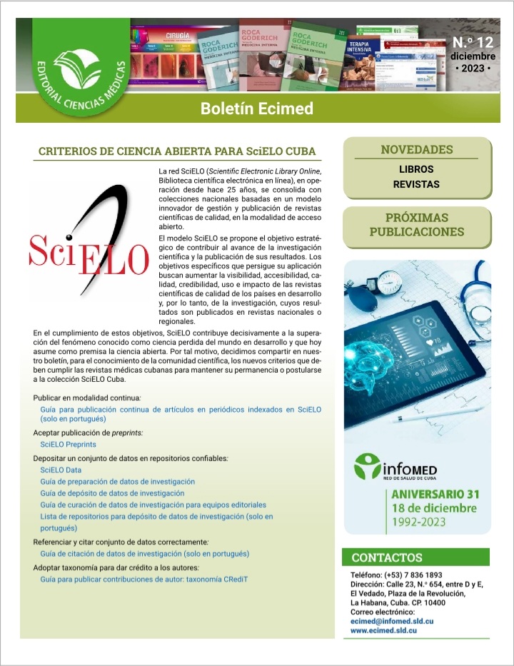 EEcimed's tweet photo. Nos complace anunciar que el N.⁰ 12. Diciembre/ 2023 del Boletín Ecimed está ya está disponible en nuestro sitio web https://t.co/zwsY6aiFZR
#Novedades #Boletín #Ecimed #Infomed #Revistas #libros https://t.co/WBI6HoQH2e