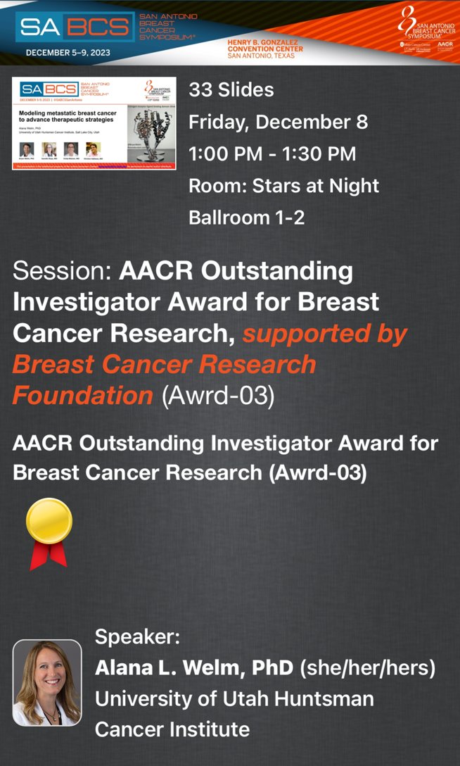 Congratulations to @AlanaWelm for receiving the @AACR Outstanding Invesigator Award for Breast Cancer Research, supported by @BCRFcure at @SABCSSanAntonio TODAY!