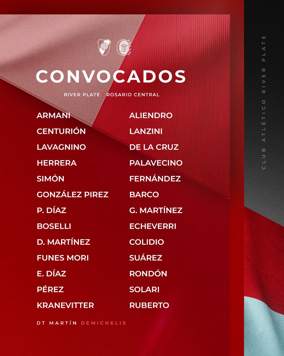 📋 Nuestros convocados para la semifinal de la #CopaDeLaLiga frente a Rosario Central 💪

#VamosRiver ⚪️🔴⚪️