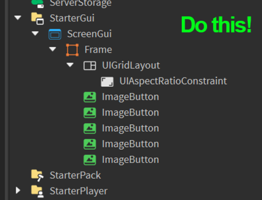 UI life hack #4 No need to make every GUIObject have its own UIAspectRatioConstraint (UIARC). You can parent a UIARC under the layout instance to apply the UIARC to ALL parented GUIObjects! Note: You might need to resize the GUIObjects sometimes if you make a change to the