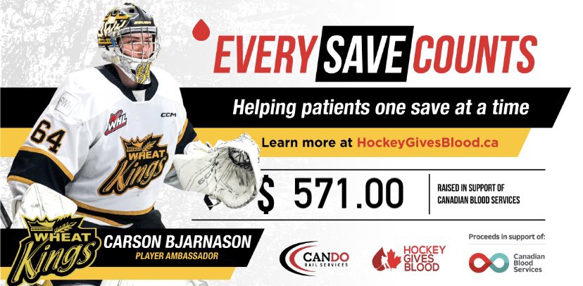 hkygivesblood's tweet photo. With every save made this season #CarsonBjarnason will be helping save lives in Canada.
Thank you to @CandoRailLtd who will be donating $1 to @CanadasLifeline for every save Carson makes.
#EverySaveCounts https://t.co/2kM8m7Kll2