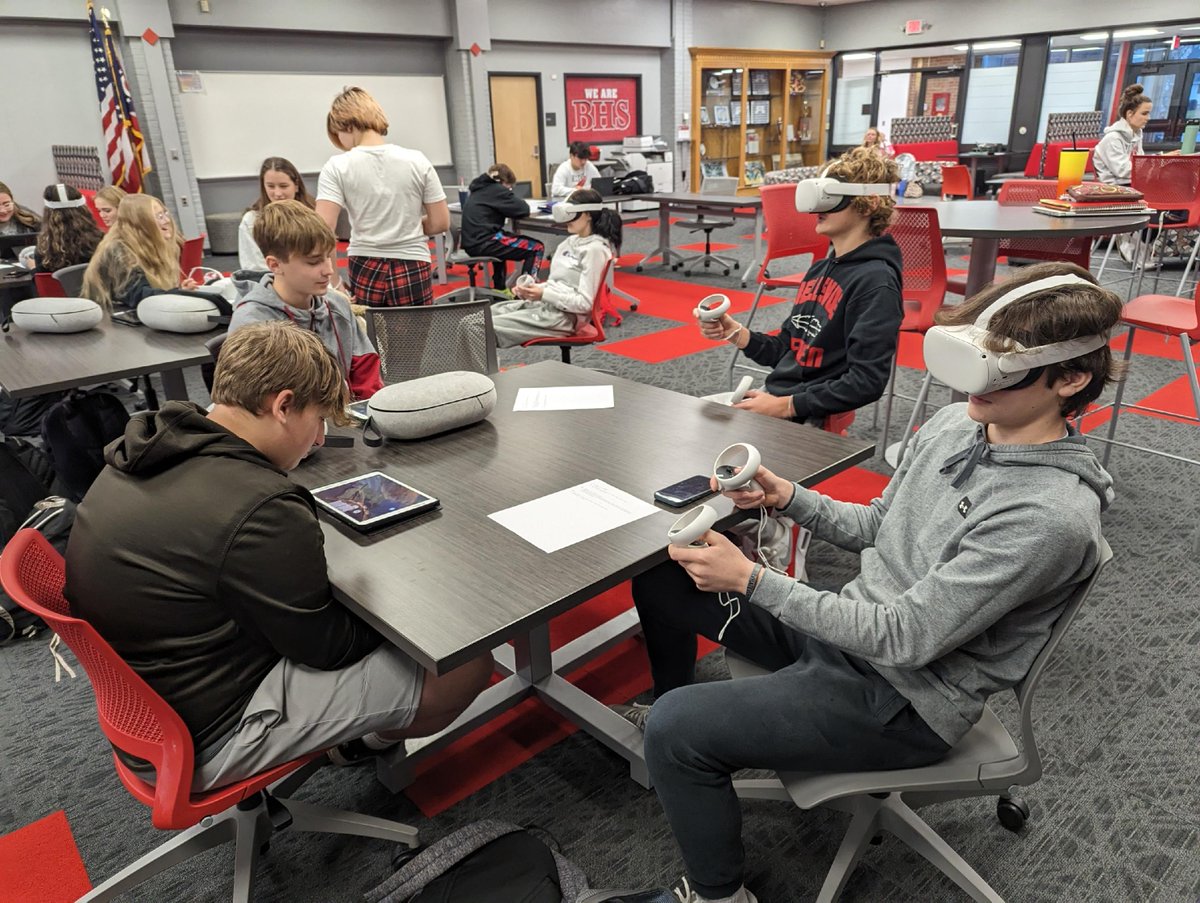 BCSRedmen's tweet photo. 🥽 World History students learned about trench warfare and WWI fighter planes through simulations using VR headsets and tablets. 📱🪖 The immersive lesson helped students better understand conditions during World War I. We love seeing history come ALIVE for our students! #RedP... https://t.co/2aRocL0WQu