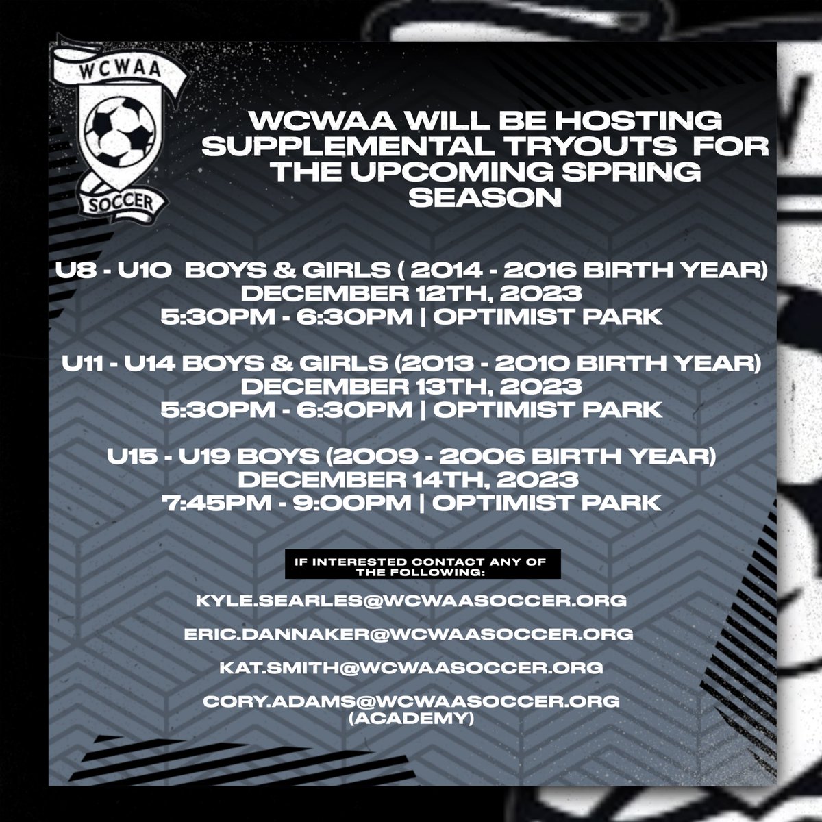 wcwaasoccer's tweet photo. WCWAA Soccer will be hosting supplemental tryouts next week! Go online at https://t.co/mLbxh6bi3p to register! Please reach out with any questions! https://t.co/QSFroWZliz