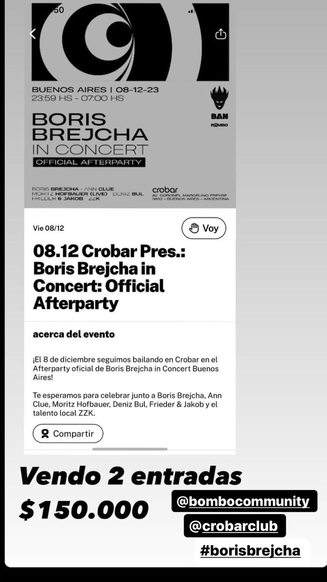 rochifondado's tweet image. #borisbrejcha #crobar #ENTRADAS #bombo 

Vendo entrada para HOY 8/12 

2 x $150.000