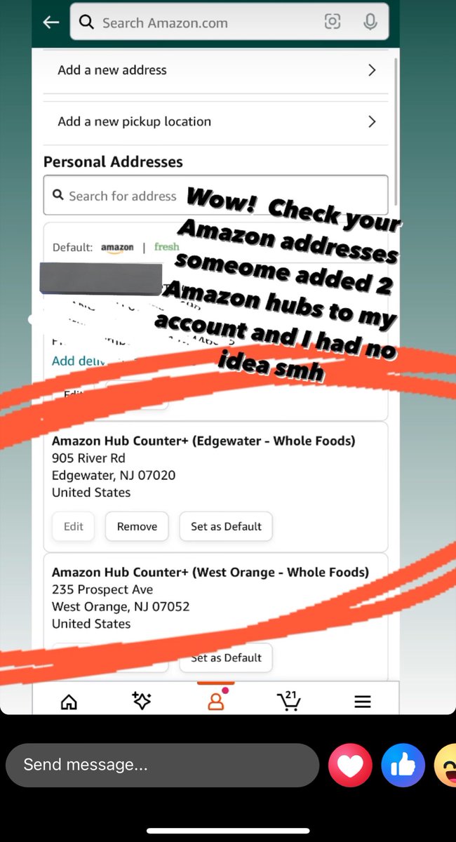 ⚠️⚠️⚠️⚠️⚠️⚠️⚠️⚠️⚠️⚠️⚠️⚠️⚠️

Watch out USA customers, USA Amazon accounts recently got hacked, and they added Amazon Hub Counters to your addresses. Check your accounts!!

🚨🚨🚨🚨🚨🚨🚨🚨🚨🚨🚨🚨🚨