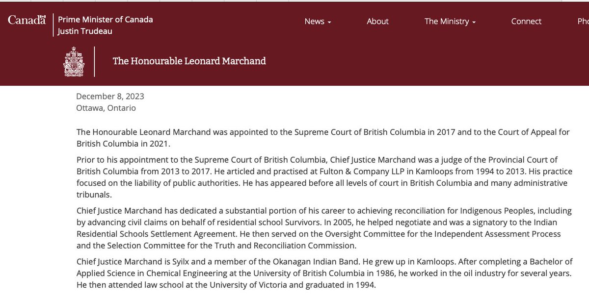 bobmackin's tweet photo. Not one word in the bio for B.C.'s new Chief Justice, Leonard Marchand Jr., about his famous father's political connection to the Trudeau family. #cdnpoli #bcpoli https://t.co/YEbCwCEDpA