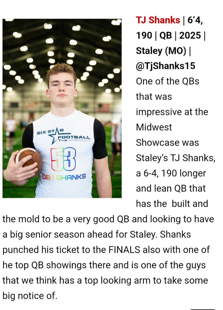 TJ Shanks (@tjshanks15) on Twitter photo Thank you for the write up!!! See you at the finals. <a href="/6starfootballMO/">Six Star Football | MISSOURI</a> <a href="/StaleyFootball/">Staley Football</a>
#gofalcons Thank you for the write up!!! See you at the finals. <a href="/6starfootballMO/">Six Star Football | MISSOURI</a> <a href="/StaleyFootball/">Staley Football</a>
#gofalcons