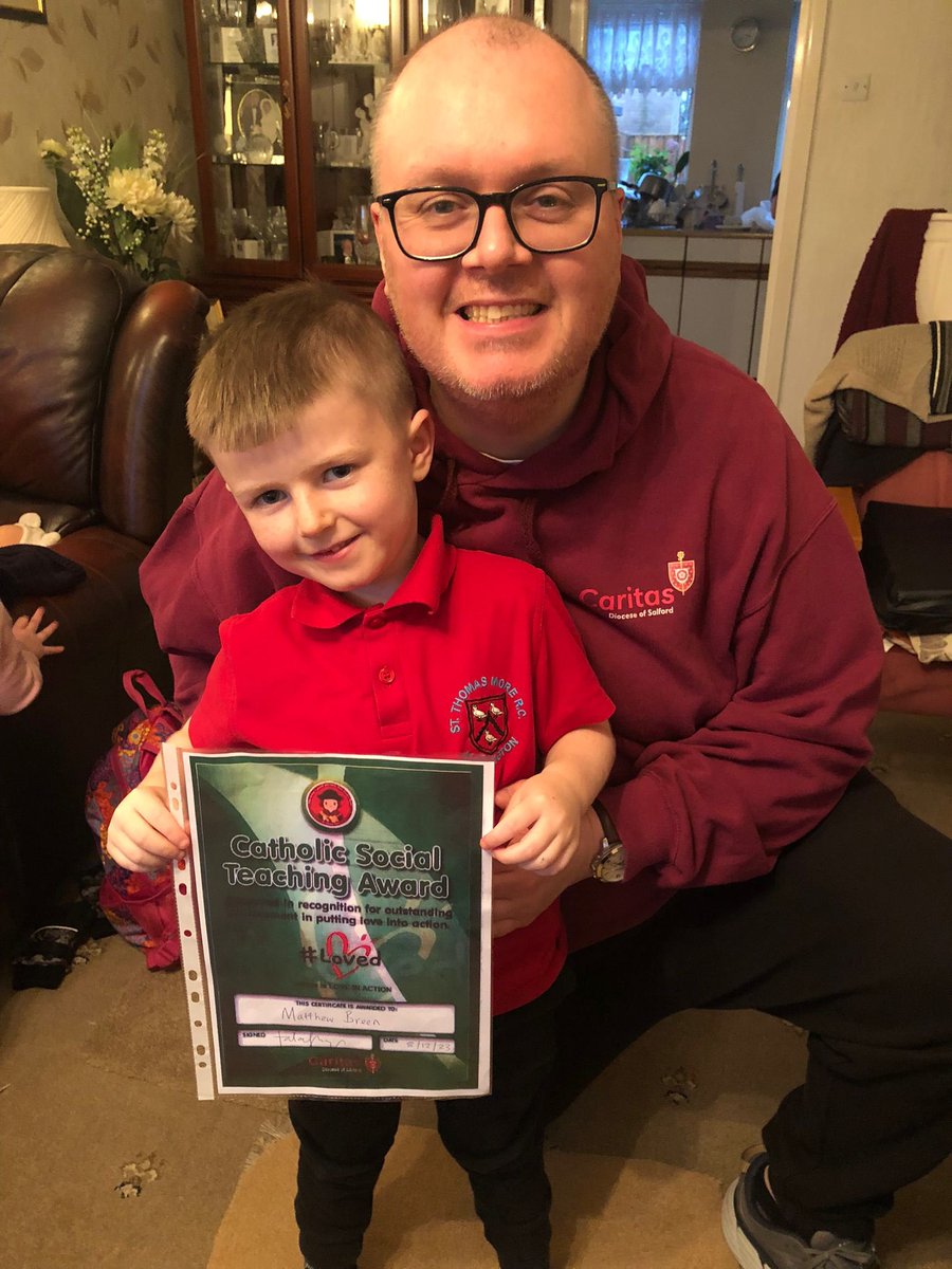 Has a day off today but very proud to have a photo with my nephew who was awarded the <a href="/CaritasSalford/">Caritas Salford</a> Catholic Social Teaching award at his school <a href="/StThomasMoreAlk/">Mrs Butterworth</a> today. He was very pleased to receive it <a href="/MrDBreen1/">MrDBreen</a> <a href="/CBreen8214/">Christine Breen</a> 👏👏👏
