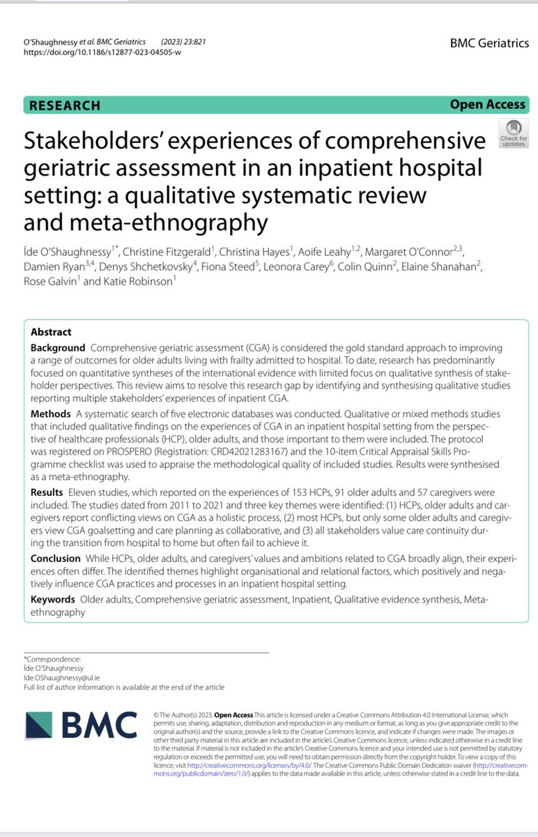 🚨OA publication Link to our qualitative evidence synthesis examining stakeholders’ experiences of inpatient CGA 👇🏼 link.springer.com/content/pdf/10… Take home message: focus on what matters most to older adults and engage in shared decision making @KatieRobinsonOT @galvin_rose