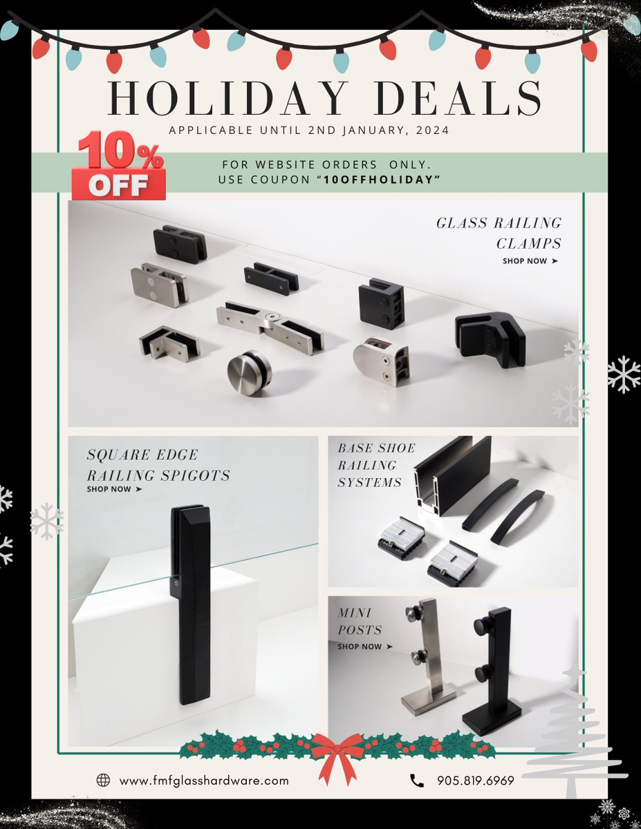 FmfHardware's tweet photo. 🎄✨Spread the Holiday Cheer with Our Exclusive Christmas &amp; New Year Deals! Enjoy 10% OFF on ALL website orders.

Make an account and revel in the season of giving with top-notch glass hardware. Use Code: 10HOLIDAYOFF at checkout.

Hurry, offer valid until January 2! 

🎉 #FMF https://t.co/hQ0qBcrS2p