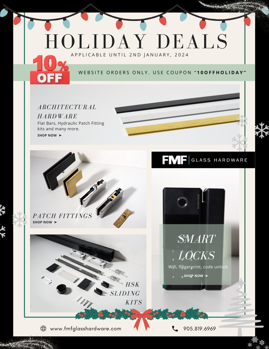 FmfHardware's tweet photo. 🎄✨Spread the Holiday Cheer with Our Exclusive Christmas &amp; New Year Deals! Enjoy 10% OFF on ALL website orders.

Make an account and revel in the season of giving with top-notch glass hardware. Use Code: 10HOLIDAYOFF at checkout.

Hurry, offer valid until January 2! 

🎉 #FMF https://t.co/hQ0qBcrS2p