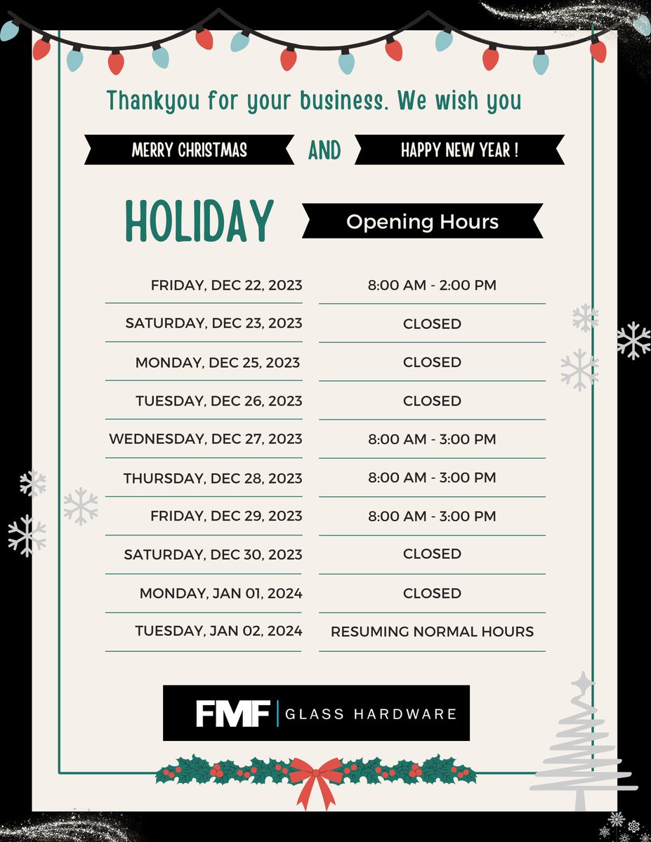 FmfHardware's tweet photo. 🎄🕒 Holiday Hours Announcement! As we embrace the festive season, we want to express our heartfelt gratitude for your continued support.

Please note our holiday hours. May your holidays be filled with joy and warmth! 
 #HolidayHours #ThankYouCustomers #SeasonsGreetings #FMF https://t.co/woLNNHcR4t