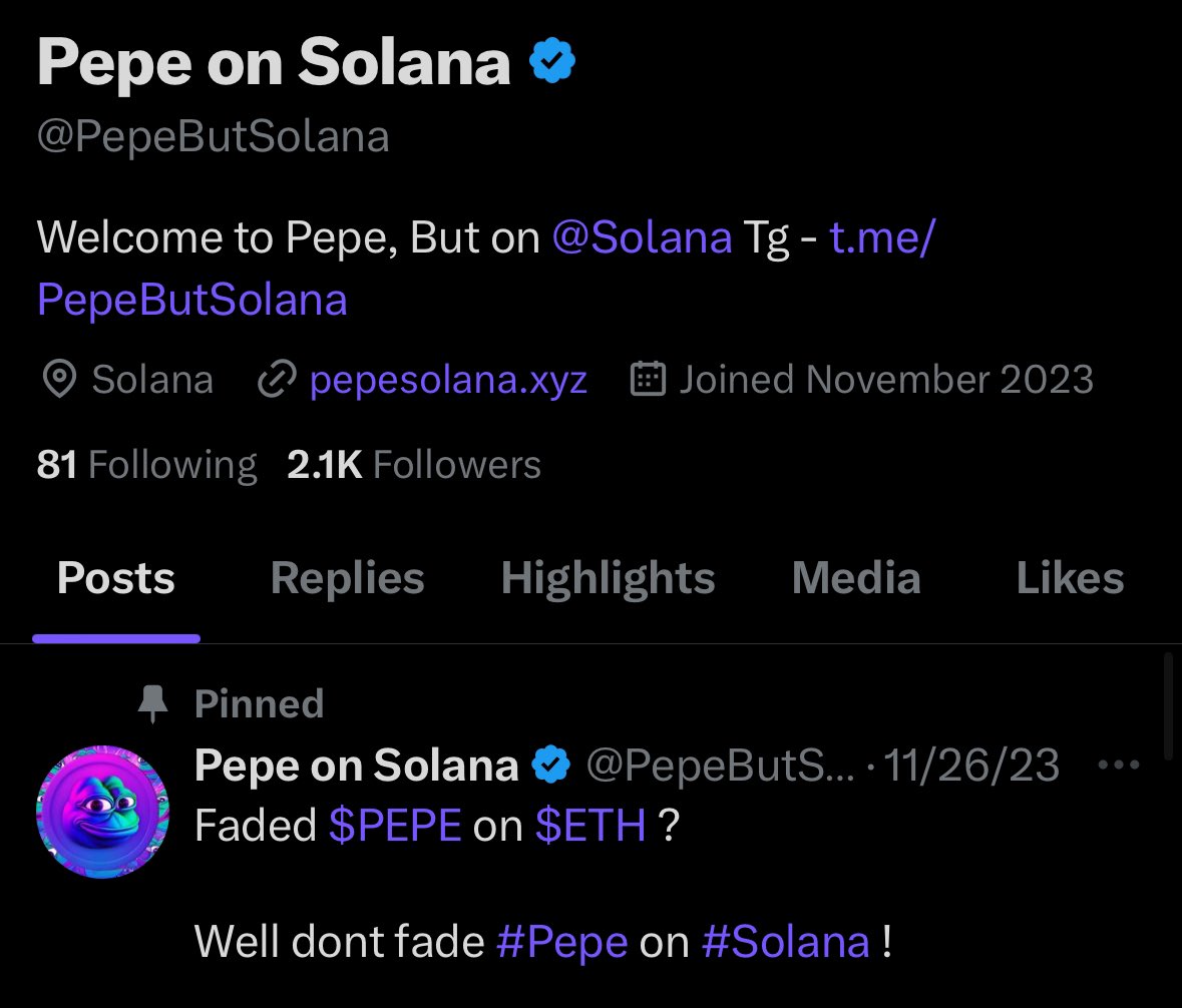 PepeButSolana's tweet photo. $PEPE on $SOL is now verified on @X! 

We heard its #Solana season? https://t.co/KlXdMYFgBk
