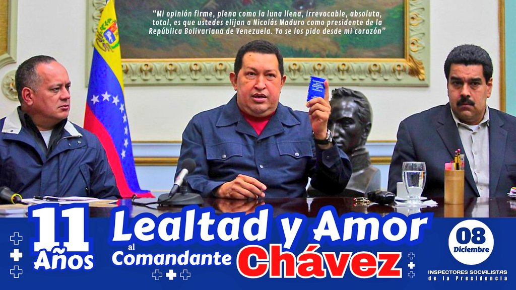 CISPLaGuaira1's tweet photo. Hoy #8Dic a 11 años de la última proclama del Cmdte Eterno Hugo Chávez y aún sus palabras están más vivas que nunca en su amado pueblo. 
¡UNIDAD, LUCHA, BATALLA Y VICTORIA!
#PatriaQueridaYEterna
@NicolasMaduro https://t.co/YanbFJNF0M