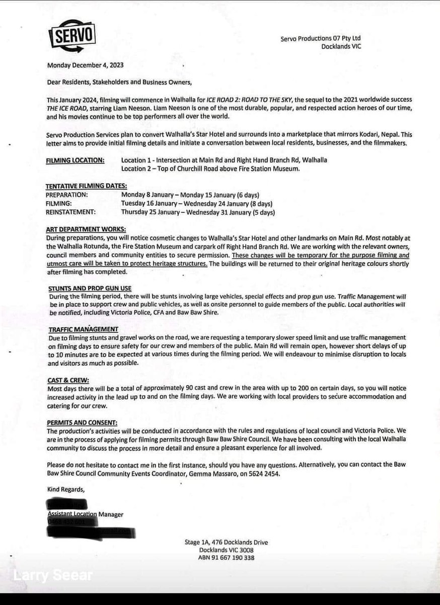 Take this as confirmed! Residents of Walhalla received this notice on Monday. Liam Neeson is coming back to Victoria for #TheIceRoad2. Filming will commence from Tue 16 Jan - Wed 24 Jan w/ significant stunts and simulated gun fire. #FilmedInMelbourne #FilmedInVictoria #LiamNeeson