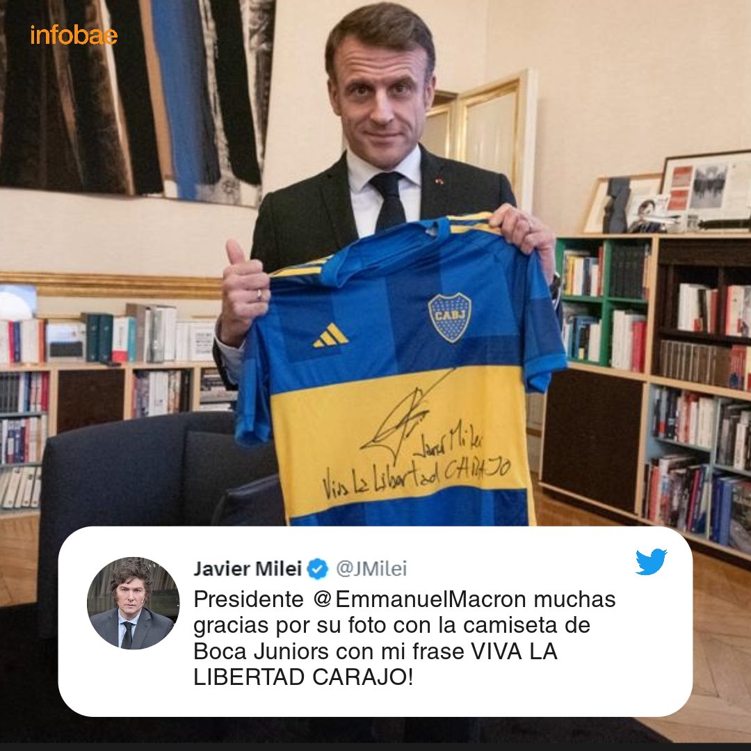 infobae's tweet photo. El gesto de Macron a Milei y la respuesta del presidente electo: “Muchas gracias por su foto con la camiseta de Boca” https://t.co/T70CY4Gz0x https://t.co/lcTGmJCdzQ