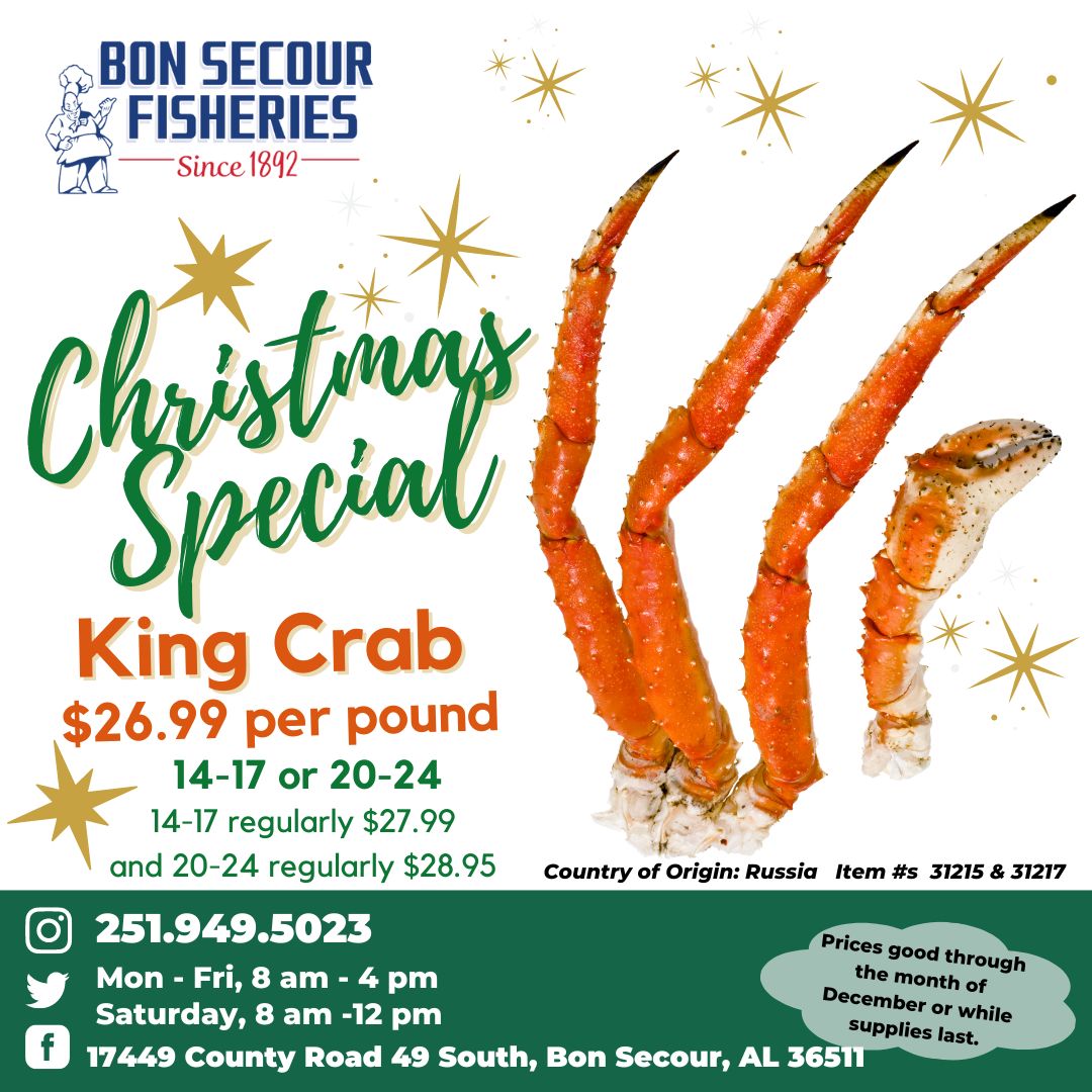 BonSecourFish's tweet photo. Indulge in the Exquisite Delicacy of Russian King Crab! Don't miss out on the Dec special price of $26/lb (reg $27.99 - 28.95/lb) through Dec or while supplies last.
Open Mon- Fri 8 am - 4 pm &amp; Sat from 8 - 12. 251-949-5023.
#seafoodmarket #kingcrab https://t.co/ROjWG7D9je