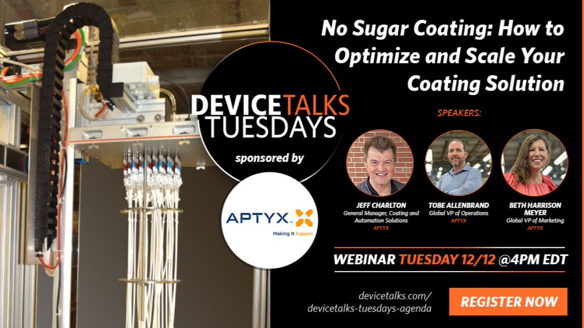 DeviceTalks's tweet image. Next Tuesday at 4 p.m. EST, leaders from #Aptyx will discuss common coating challenges and how to overcome them. You’ll gain a better understanding of the parameters involved in the #coating process.

REGISTER HERE: event.on24.com/wcc/r/4398023/…

#CoatingSolutions #CoatingApplications