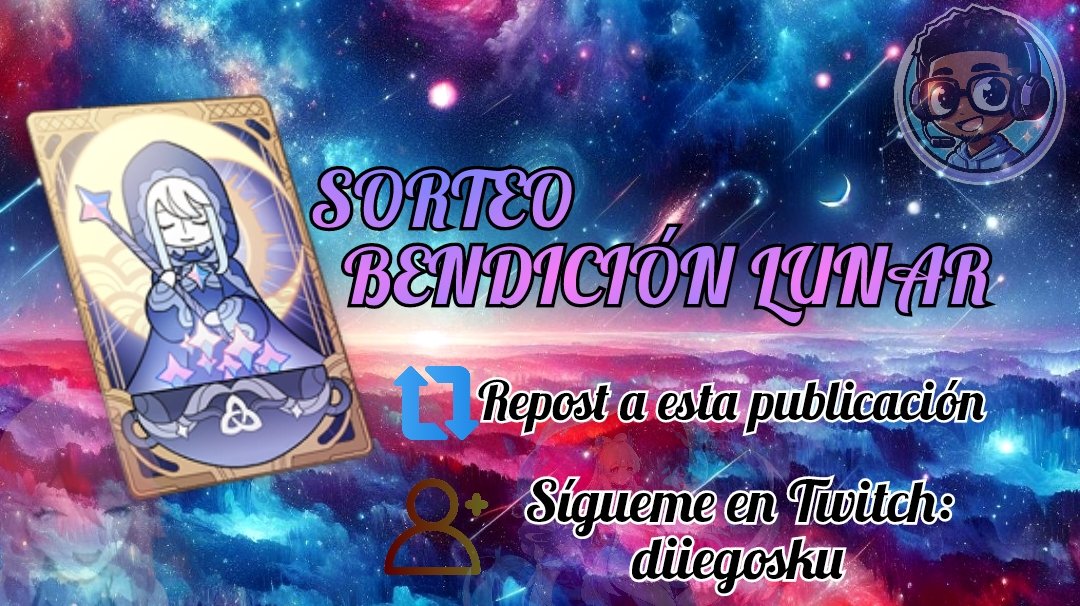 diegosku's tweet image. 🎁🎄¡Sorteo una BENDICIÓN LUNAR por Navidad!🎄🎁

Para participar:

1. 🔁 Repost a esta publicación
2. 👤 Sígueme en Twitch: twitch.tv/diiegosku

Se anunciará el ganador el día 23 de diciembre EN DIRECTO EN TWITCH. #GenshinImpact

🍀 ¡SUERTE A TODOS! 🍀
