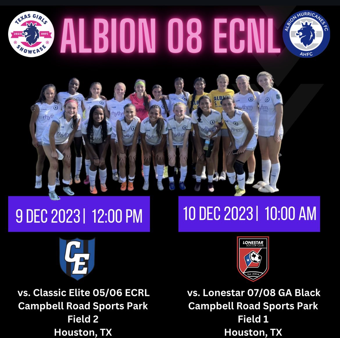 ⭐️ Schedule Change⭐️ 

We had a change to our schedule for the  Albion Texas Girl’s Showcase! Come check us out!

Sat, 12/9

🆚 Classics Elite 05/06 ECRL
⏰ 12:00 pm
🏟 CRSP Field 2
📍 Houston, TX

Sun, 12/10

🆚 Lonestar 07/08 GA Black
⏰ 10:00 am
🏟 CRSP #1
📍 Houston, TX