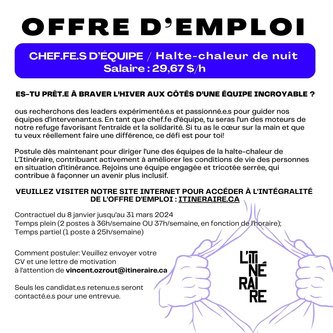 🌟Êtes-vous prêt.e à relever de nouveaux défis ? Nous avons des opportunités d'emploi passionnantes qui pourraient vous intéresser pour l'ouverture de notre halte-chaleur ! 🚀

🔍 Consultez notre site web pour découvrir nos offres d'emploi. 🌐💼🔗 itineraire.ca/carriere/