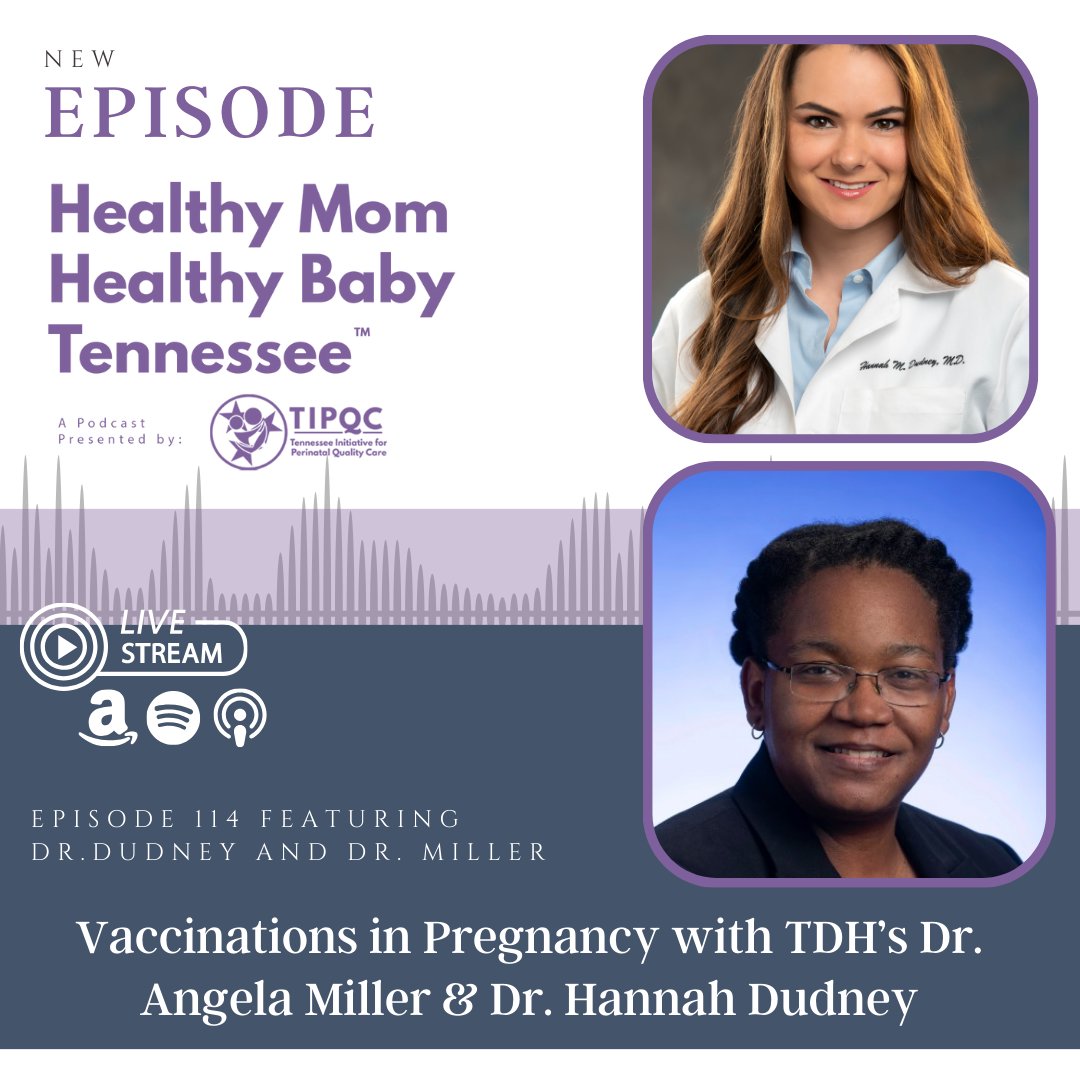 TennesseePQC's tweet photo. What vaccinations are recommended for pregnant people? New Podcast on Healthy Mom Healthy Baby Tennessee https://t.co/1dM9Clctgt
with TDH's Drs. Hannah Dudney and Angela Miller discussing those important topics! #TIPQC #maternalhealth #vaccination2023 https://t.co/uiW3L3hPoE
