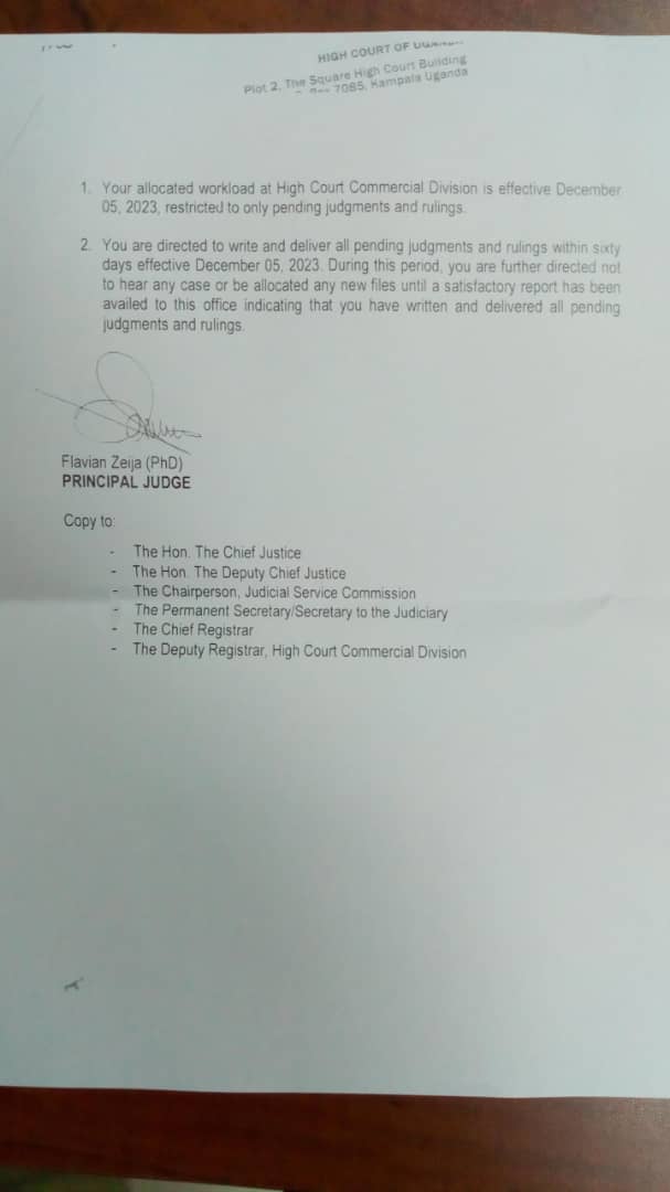 TriteLawUG's tweet photo. Principal Judge Flavian Zeija  Restricts Justice Stephen Mubiru from hearing new cases or allocated new Files; Directs him to write the 170 pending judgments &amp; rulings with 60days with effect from 5th December 2023;Resume after making satisfactory reports that backlog is cleared https://t.co/PyiC31auq6