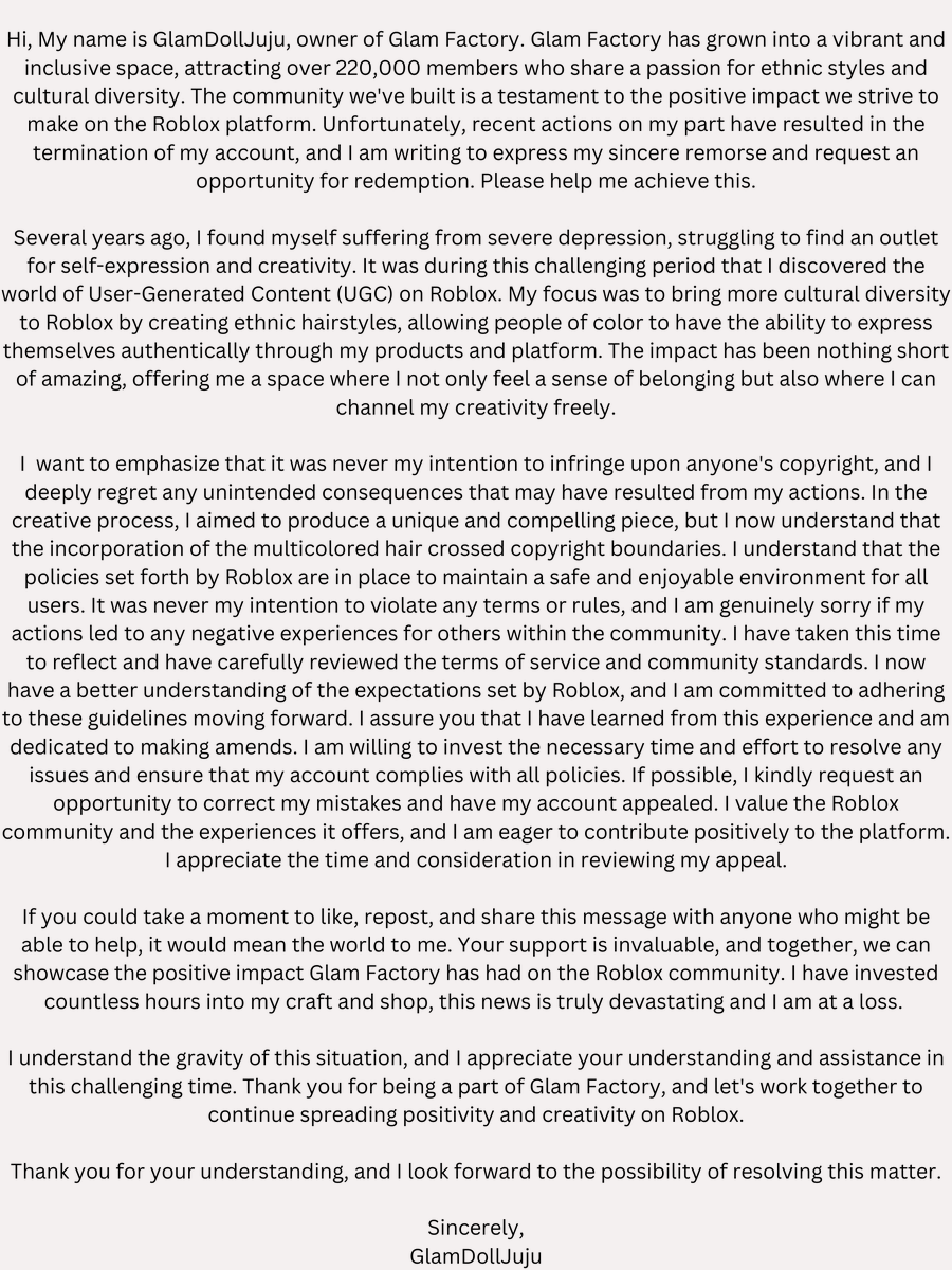 JujuGlamRBLX's tweet photo. My statement.

Liking, Retweeting, and any shares to anyone who could possibly help is greatly appreciated.

I thank everyone for showing support and solidarity in this time of need.💘
#SaveGlamFactory #Roblox https://t.co/l5oOCzvaql