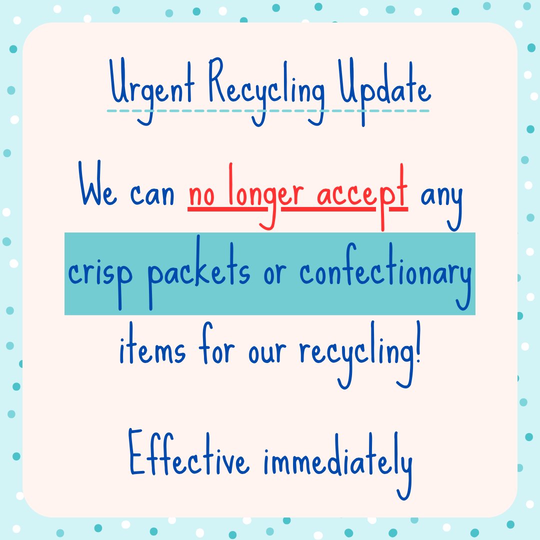 URGENT UPDATE

From this weekend we can ❌no longer accept❌any crisp packets or confectionary items for recycling.

Full details on our facebook post: facebook.com/photo/?fbid=69…