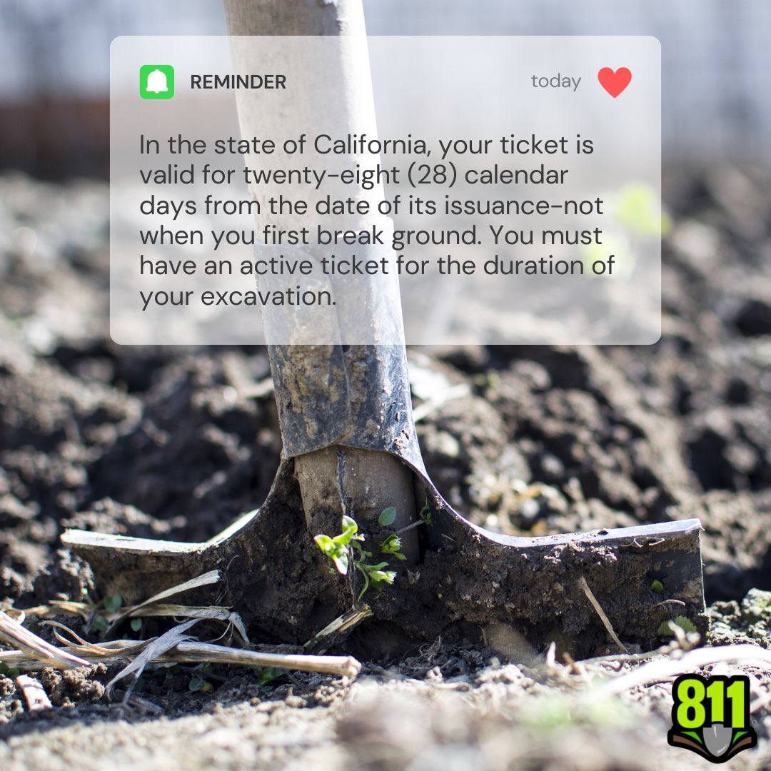 DPA_Training's tweet photo. Digging into the details: 

In California, your ticket is your excavation lifeline, valid for 28 calendar days from issuance, not from the first dig. 

Keep it active, keep it safe! 🚧📅

#CaliforniaExcavation #SafetyFirst #KnowTheRules #DamagePreventionAcademy #EnergyWorldnet https://t.co/dZlgcl6GAs
