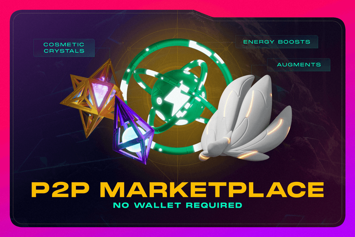 🎉 Good news for all players!

When the P2P Marketplace launches, crafted items will be accessible to EVERYONE. No crypto wallet will be needed to purchase Cosmetic Crystals, Augments, Energy Boosts, &amp; more in-app.

What will you grab first? 👀