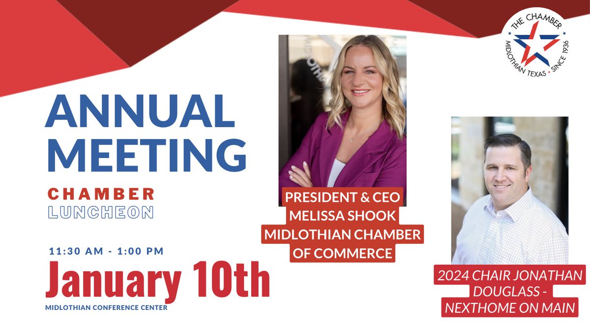 🍽️ Ready for insights and updates? Join us at the Annual Meeting Luncheon! 📆 Board Chair Jonathan Douglass and Chamber President Melissa Shook will reflect on 2023's achievements and unveil plans for 2024. Reserve your spot today at the link in our bio! #ChamberNews #2024Preview