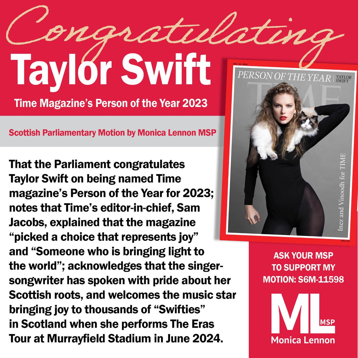 MonicaLennon7's tweet photo. “It’s me, hi, I’m the problem, it’s me.”

Congratulations to Taylor Swift, @TIME Person of the Year 2023 and the world’s favourite anti-hero ❤️ 💪 https://t.co/2dDa1gOpNm