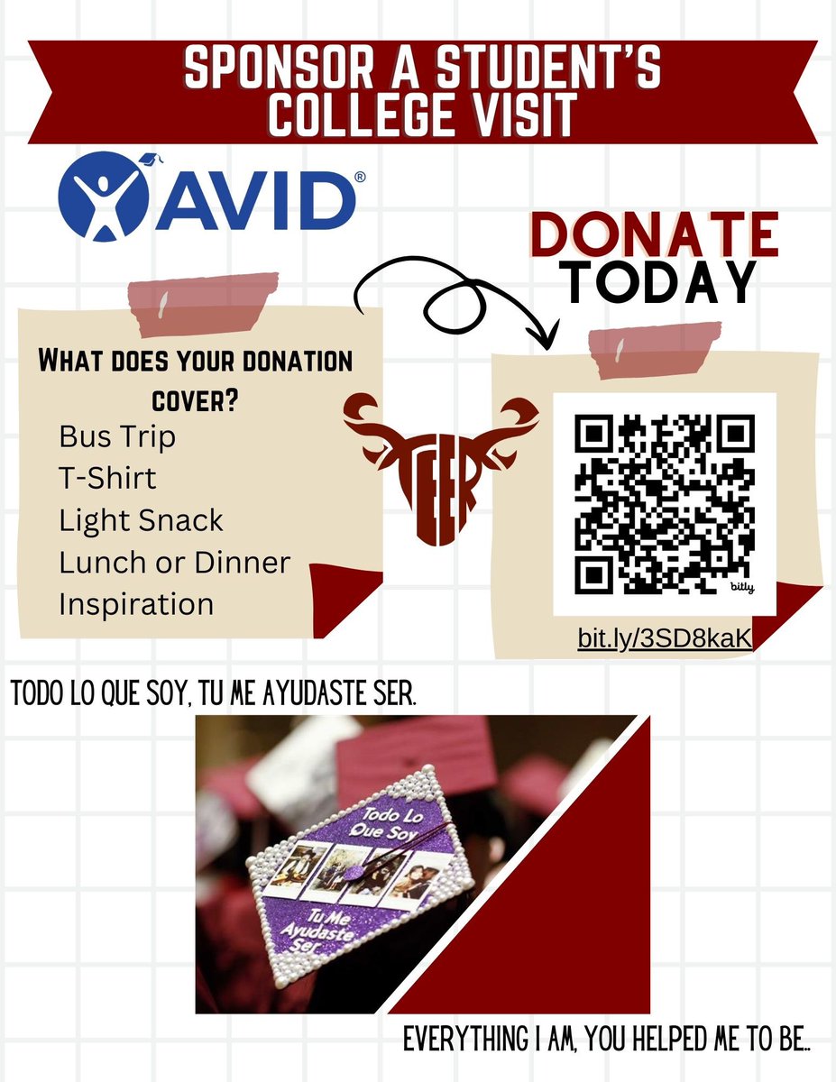 AFBohannon's tweet photo. @NorthSideFWISD AVID asks you to consider sponsoring a student’s college visit! @DrCamilleR @ChrisjBarksdale @principal_008 @mannydlc2 https://t.co/TmYcgjGfP6